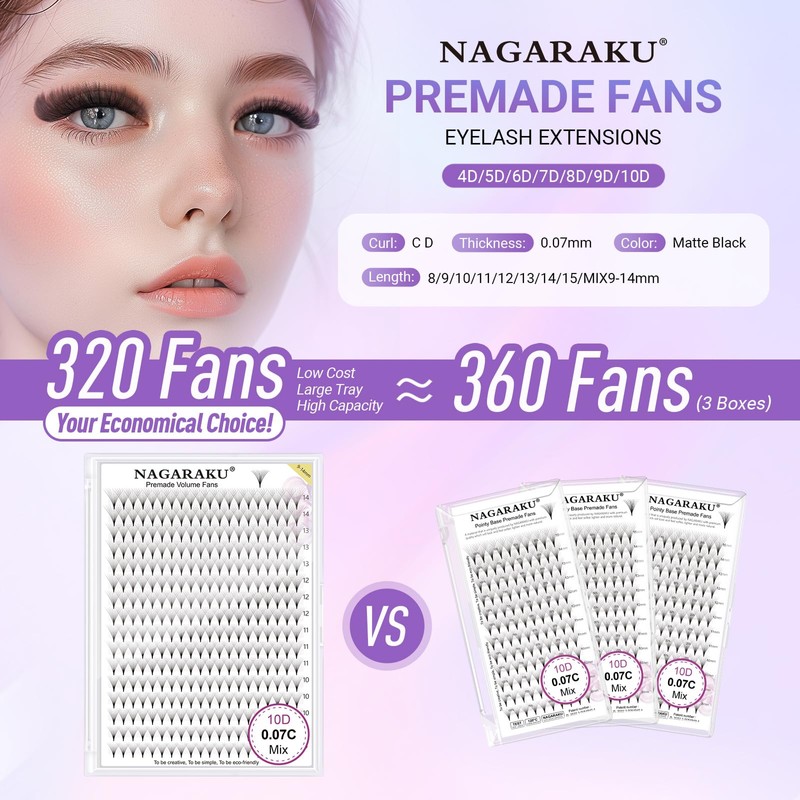 NAGARAKU 5D Ready-Made Fan Eyelashes, 320 Fans Volume, Premade Fans