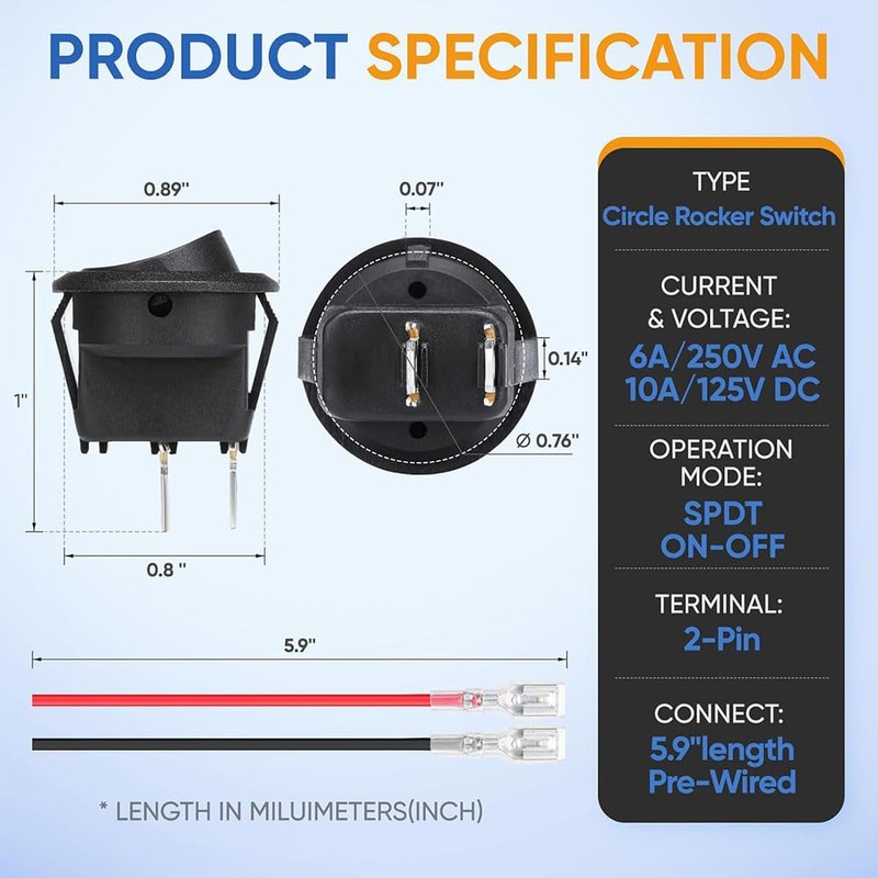 10 Pack 12V Round Rocker Switch SPST 20mm Mini Toggle