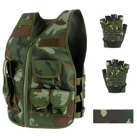 Green Bean Kids Outdoor Tactical Vest, Children's Combat Vest Adjustable Breathable Vest with Kids Half Finger Short Gloves