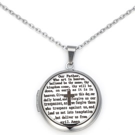 UTHOSMDO Cross Religious Bible Locket, That Can Holds Pictures, Engraved English Bible Lords Prayer Prayer, Prayer Cross Necklace (Silver)