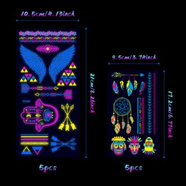 10 Sheets Temporary Tattoos, UV Tattoo, Neon Party Festival Tattoos for Women Men, Waterproof Tattoo Stickers Body Face Skin Shiny Tattoo Fake Luminous Tattoo