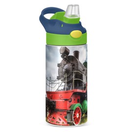 Boccsty Locomotive Train Kids Water Bottle with Straw Lid Insulated Stainless Steel Reusable Tumbler for Boys Girls Toddlers 12 oz Green