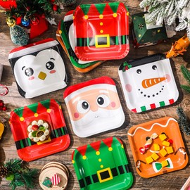 30 Pcs 7 Inch Christmas Dessert Paper Plates Square Christmas Disposable Plates Cute Santa Claus Snowman Gingerbread Penguin Tableware for Xmas Holiday Party Supplies Decorations, 6 Styles