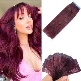 Burgundy Tape in Hair Extensions Human Hair 14 Inch Seamless Tape in Remy Human Hair Extensions for Girls