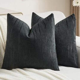 FUTEI Black Chenille Decorative Throw Pillow Covers 26x26 Inch Set of 2,Soft Cozy Embossed Striped Textured Euro Pillow Shams,Modern Home Decor for Couch Bed Living Room