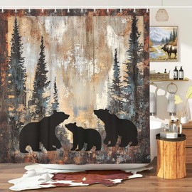 Wathon Bear Shower Curtains Rustic Cabin Lodge Woodland Wildlife Bath Curtain with Pine Trees and Black Bear in The Woods, Animal Hunting Camo Bathroom Decor Set with Hooks 70X70IN Bear in Forest