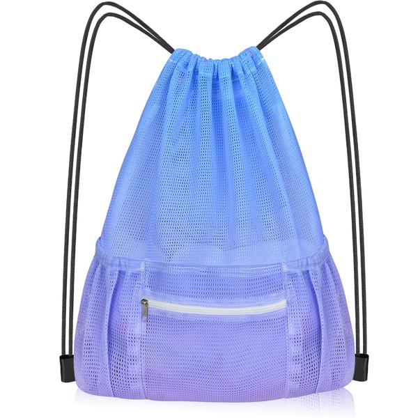 Nidoul Bolsa de malla con cordón y bolsillo con cierre, bolsa de playa para equipo de natación, mochila de gimnasio, bolsa de almacenamiento para adultos y niños, Azul, Classic