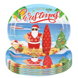 50Pcs Christmas in July Party Decorations Oval Plates Summer Tropical Hawaiian Christmas Santa Beach Paper Plates for Christmas in July Beach Pool Party Supplies,Serves 50(10 * 12inch)