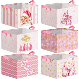 Roshtia 6 Pcs Pink Christmas Basket Vintage Santa Xmas Tree Snowflake Elk Christmas Tree Gift Basket Clothes Toy Storage Bin with Handles Cube Collapsible Rectangle Box for Room Decor