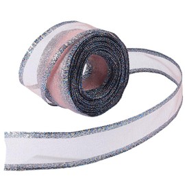 CABODYALS 10 Yards 1 Inch Rose Silver Sparkle Organza Sheer Ribbon Shimmer Metallic Valentine Day Glitter Wired Edge Transparent Polyester Trim for Gift Wrapping Wedding Bouquets DIY Craft Supply