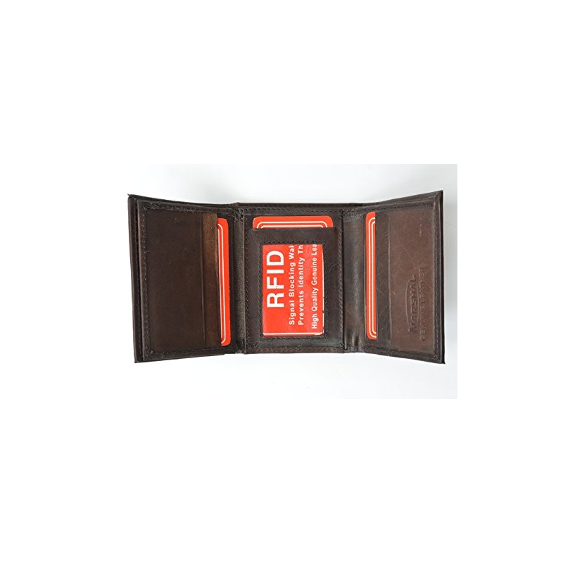 Mens Trifold Leather Wallet RFID Blocking Brown Marshal New