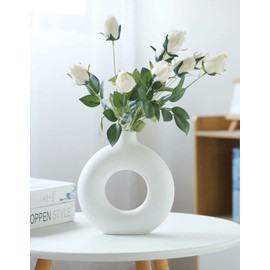 White Ceramic Vase Set, Donut Vase Rustic Beige Round Matte Pampas Flower Vases Nordic Minimalism Style Decoration for Living Room, Kitchen, Office, Home Decor Modern Art Vase (Big)