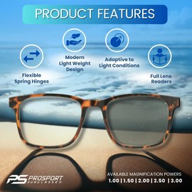 proSPORT Photochromic Sunglass Readers Men Women +2.00 Tortoise Frame Indoor Outdoor Full Magnified Reading Glasses NOT BIFOCAL UV Protection