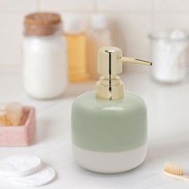 Asashizen Ceramic Soap Dispenser, Green and White, Two Tone Splicing with Gold Pump, Simple Design, Cylindrical Lotion Dispenser Bottle, Refillable Liquid for Kitchen, Bathroom, Washroom