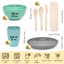 FOODLE Wheat Straw Dinnerware Sets for 6 - Lightweight & Unbreakable Camping Dishes - Microwave & Dishwasher Safe - Perfect for Picnic, Dorm, RV - Plates, Cups and Bowls Set - Great for Kids & Adults