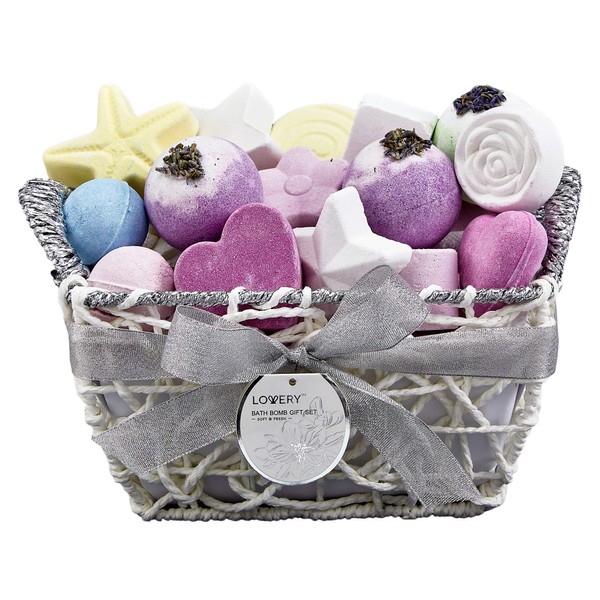 Bath Bombs Gift Set for Women, 17 Large Bath Fizzies in Assorted Colors, Shapes & Scents, Bath and Body Spa Set with Shea & Coco Butter, Ultra Rich Spa Set in Handmade Weaved Basket