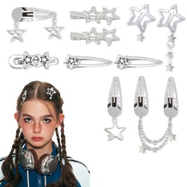 Star Hair Clips-Punk Accessories-10 Pcs Y2K Accessories, Silver Kawaii Hair Clips, 8 Unique Shapes - 2000 Silver Hair Accessories