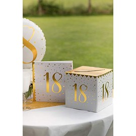 CHAL Urn Money Box Birthday 18 Years White and Gold Metallic