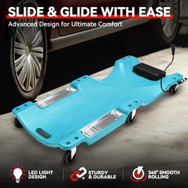 Auto Dynasty 40 Inches Mechanic Creeper, Automotive Garage Repair Low Profile Under Car Rolling Creeper with LED Light and Padded Headrest, Plastic, Sky Blue