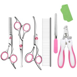 Pink Dog Grooming Scissors with Safety Round Tip,Pet Grooming scissors Kit,Dog Shears kit,Incudes Thinning,Curved,Straight Grooming Scissors，Nail Clippers,Nail File and Comb for dogs,cats.