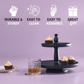 Folkulture Black Ribbed 12 Inch Round 2 Tiered Tray, Wooden Display Stand or Cupcake Holder for Farmhouse Table Decor