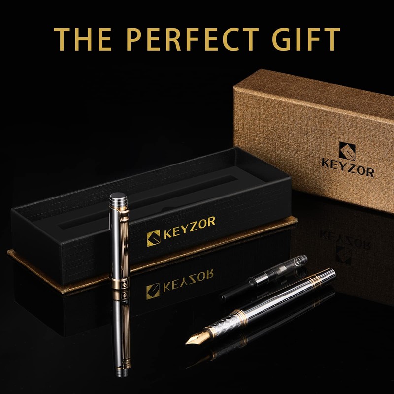 Keyzor Luxury Fountain Pen - Fancy (Silver) Pen 24K Gold