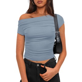 Darong Women's Summer Short Sleeve Boat Neck Off Shoulder Blouse Tops Shirts 9048 Grey Blue M