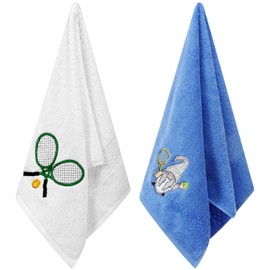 Mindsoft 2 Pcs Tennis Hand Towels for Bathroom Funny Embroidered Tennis Gift for Women Men Cotton Absorbent Soft Kitchen Towel Sports Lover Gift for Player Team Sports, 14 x 29 Inch(White,Blue,Gnome)