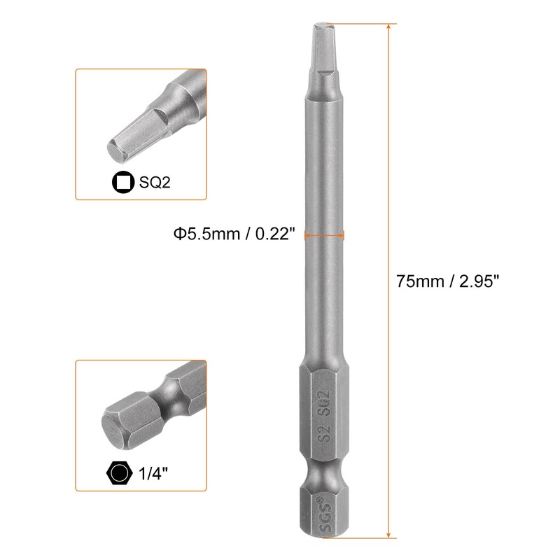 sourcing map 2pcs Square Screwdriver Bit SQ2 1/4" Hex Shank