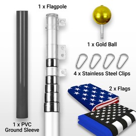 G128 Combo Pack: 25 Ft Telescoping Aluminum Flagpole (Silver) & American and Thin Blue Line Flags 3x5 Ft, Both ToughWeave Series Embroidered Polyester | Pole with Flags Included