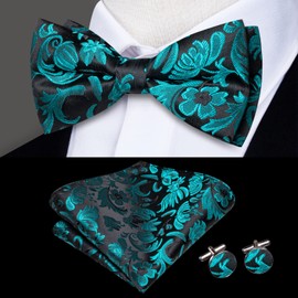 Hi-Tie Pre-Tied Bowties for Men Silk Bow Ties and Pocket Square Cufflinks Set Mens Wedding Party Formal,Black Teal