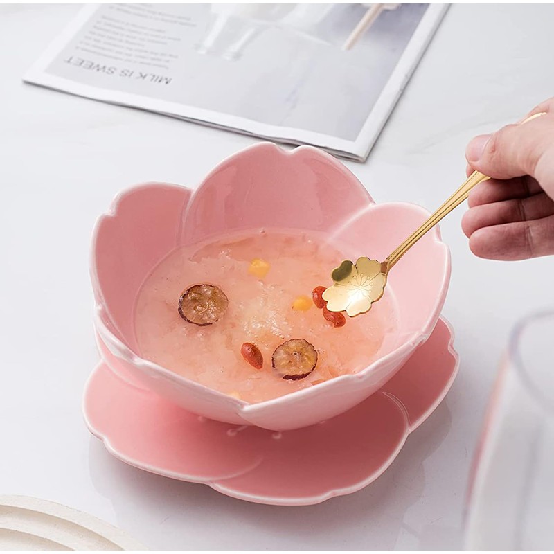 KKGUD Cute Cherry Blossom Ceramic Serving Bowl with Saucer and