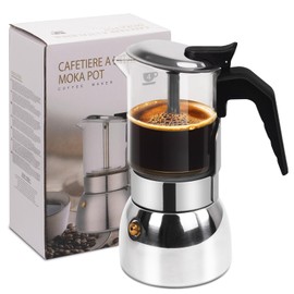 Vaolvpant 4 Cup Glass Clear Moka Pot Thickened 304 Stainless Steel Stovetop Espresso Maker Italian Coffee Machine 200ml 6.8oz Classic Mocha Cafe Greca Coffee Suitable for Gas Induction
