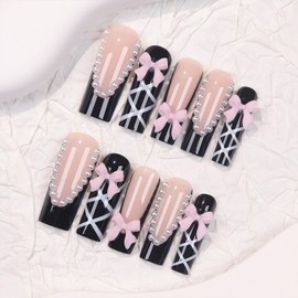 Black French Tip Press on Nails Long Square Faek Nails with Pearls Lines Pink Bow Design Black Nude Full Cover Acrylic Nails Press ons Glossy Glue Stick on Nails for Women 24 Pcs
