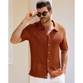 Kallspin Men's Button Down Polo Shirt Casual Summer Beach Knit Shirts Textured Cotton Polo Cardigan (Caramel XL)