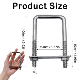 Pack of 4 M8 U-bolts, U-bolt 40 x 100 mm, U bracket with thread, M8 stainless steel U-bolt with nut frame plate washer, U screws for pipe attachment, car towing