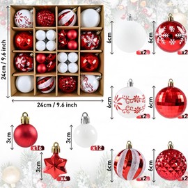 Christmas Balls Ornaments, 44 Packs Red White Xmas Baubles Decoration, Shatterproof Christmas Tree Decorations, Glittering Hanging Ball for Winter Holiday New Year Party Decoration Assorted Sizes