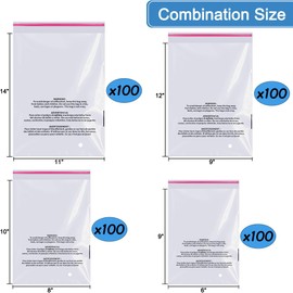 Cellophane Poly Bags Pack 400 CT Combo 6x9,8x10,9x12,11x14 inches, Clear Poly Bags with Suffocation Warning, Resealable Shipping Bag for Clothes, Packaging (OPP, 2mil, 5-13 LB, with Vent Holes)