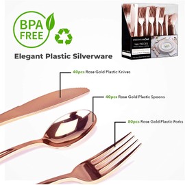 Plastic Cutlery Heavy Duty - 160 Piece Rose Gold Plastic Silverware - Rose Gold Plastic Utensils - Pink Plastic Cutlery – 80 Plastic Forks, 40 Plastic Spoons, 40 Plastic Knives