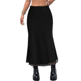 Avanova Women Mesh Long Skirts High Waisted Mermaid Bodycon Spring Midi Casual Skirts Black Solid X-Large
