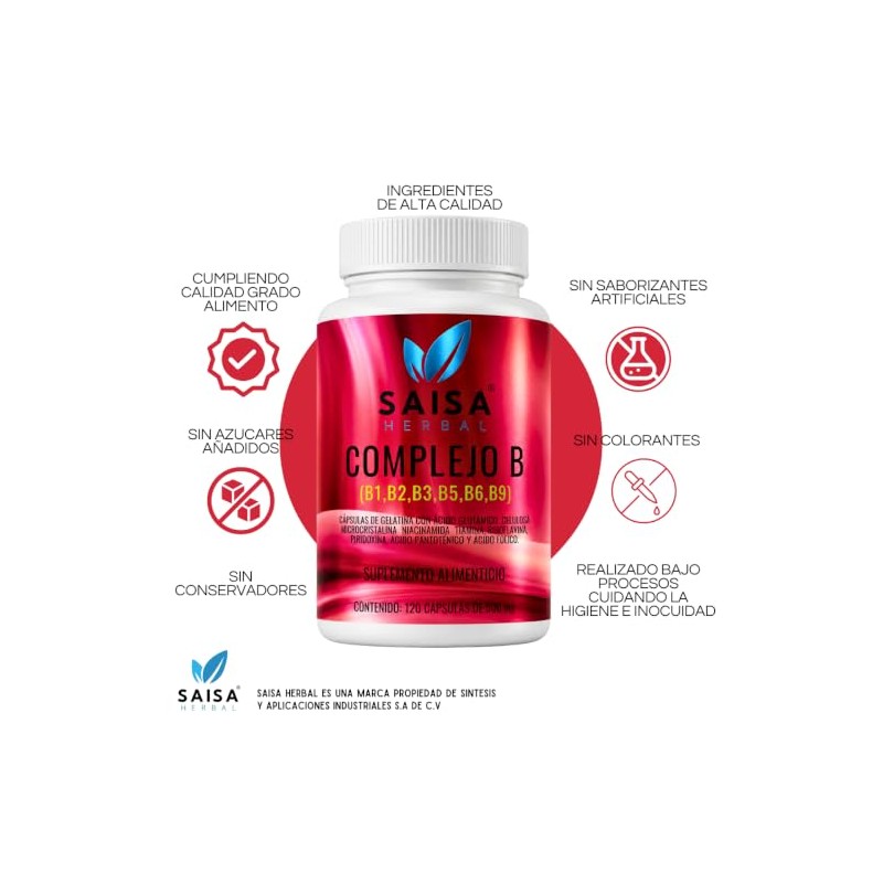 Complejo B 120 Cápsulas de 500 mg Vitaminas (B1+B2+B3+B5+B6+B9) SAISA