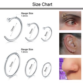 D.Bella Silver Nose Stud 18 Gauge-Nose Ring Hoop 8mm 10mm 12mm Nose Screws and Clear Nose Studs