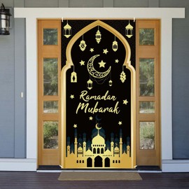 LOHAME Ramadan Mubarak Background Banner Eid Mubarak Hanging Decoration Black and Gold Ramadan Mubarak Door Cover Ramadan Door Banner for Muslim Islamic Al-Fitr Party Accessories (180 x 90 cm)