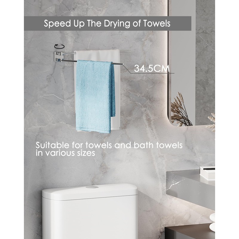 WZRUA Swivel Towel Rail, 180° Rotate Towel Rack Square Base,Stainless