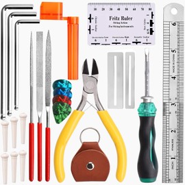 Guitar Repairing Tool Kit - Wire Plier,String Organizer,Fingerboard Protector,Hex Wrenches, Files, String Ruler Action Ruler, Spanner Wrench,Bridge Pins for Guitar Ukulele Bass Mandolin Banjo (25PCS)