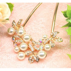 Miaomyao Hair Ornament, Hair Ornament, Kimono, Closure, Metal, Pearl, Bijou, Flower, Comb, Pink Gold, Hair Accessory