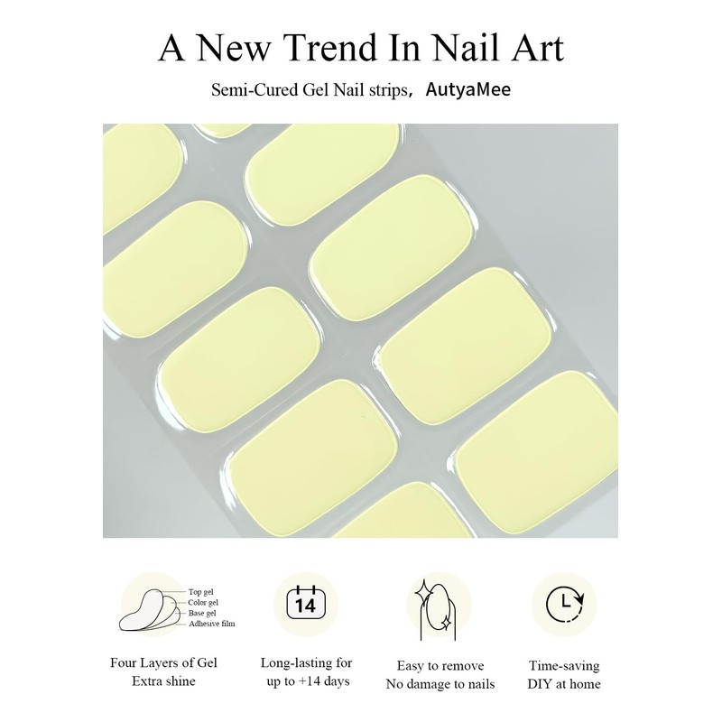 AutyaMee Semi Cured Gel Nail Strips (Pale Yellow), 20 Pcs