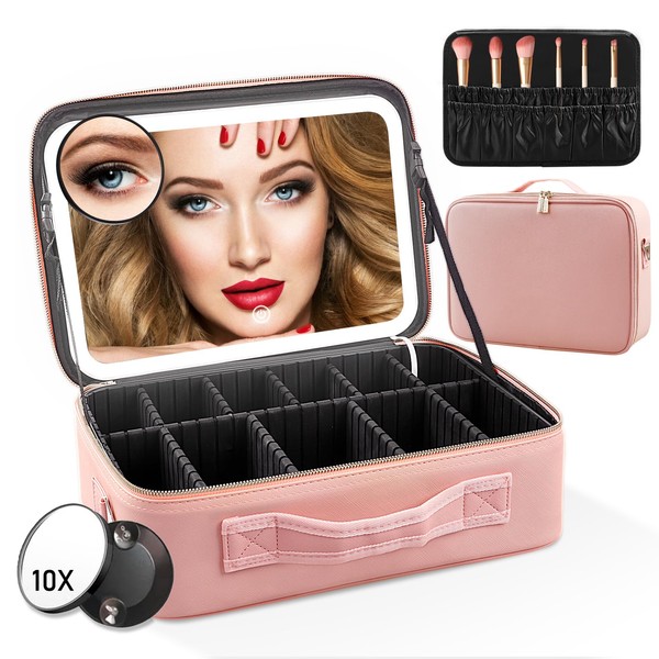 TopDirect Large Travel Makeup Bag with Light Up Mirror, Cosmetic Organizer Bag & 3 Color Setting LED Lighted Mirror Women Train Case with Adjustable Dividers & Detachable 10x Magnifying Mirror