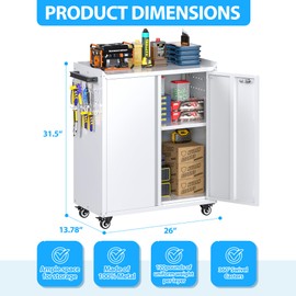 Reemoon Metal Tool Cabinet with Pegboard and 4 Hooks,Metal Garage Storage Cabinet with Wheels and 2 Doors for Garage,Home,Office,Assembly Required,White