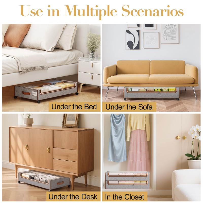 Yecaye Under Bed Storage with Wheels, 4 Pack Under Bed